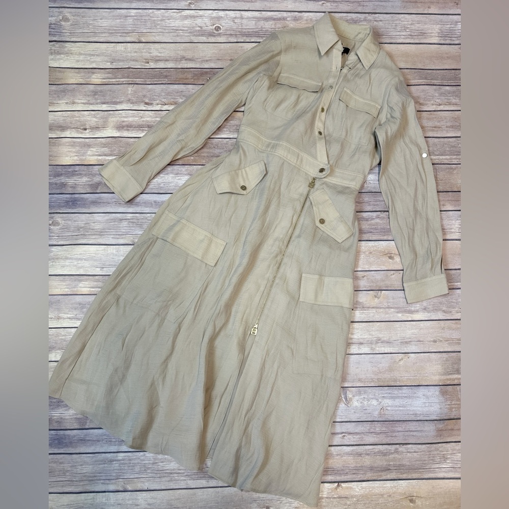 DKNY Womens Beige Cargo Button-Down Asymmetric Midi Dress Size XS